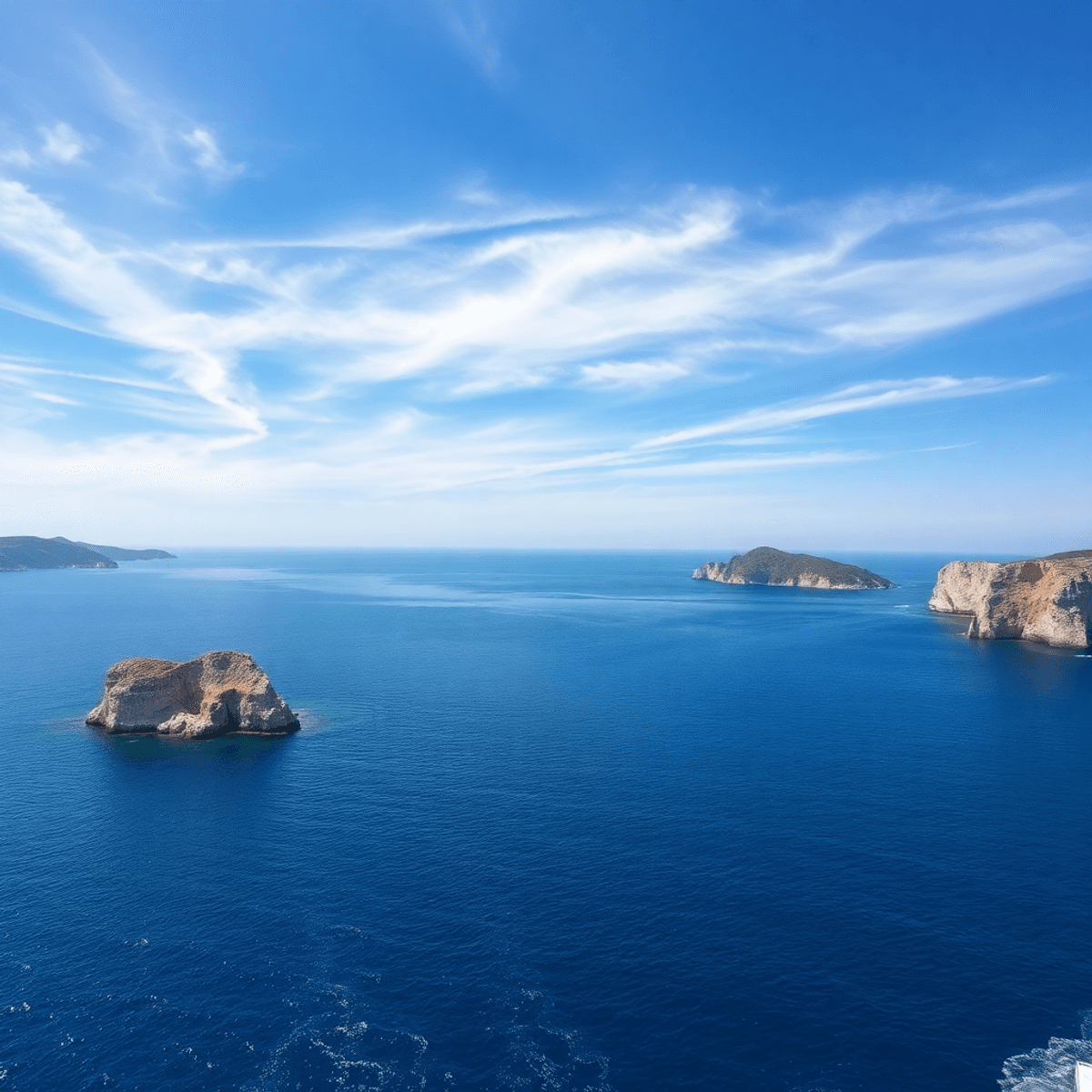 A breathtaking view of the Adriatic Sea with a vibrant blue sky, gentle waves, rugged cliffs, and picturesque islands, capturing Croatia's natural ...