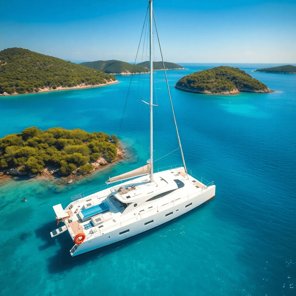 A catamaran anchored in the azure Adriatic Sea, surrounded by lush green islands and a clear blue sky, evoking adventure and tranquility. Sun loung...