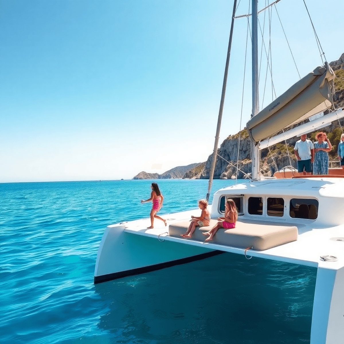 A family-friendly catamaran sails on calm Adriatic waters, with children playing safely on deck, surrounded by stunning coastal scenery and vibrant...