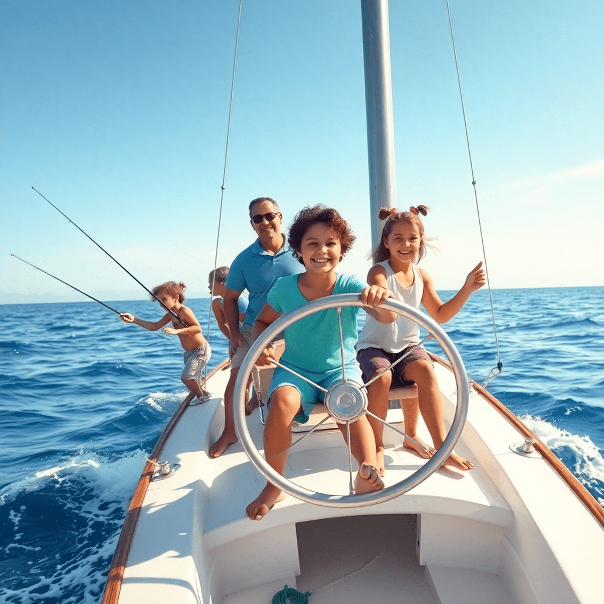 A family joyfully sailing on a boat, with children steering and managing fishing lines, under a clear blue sky and gentle waves, showcasing teamwor...