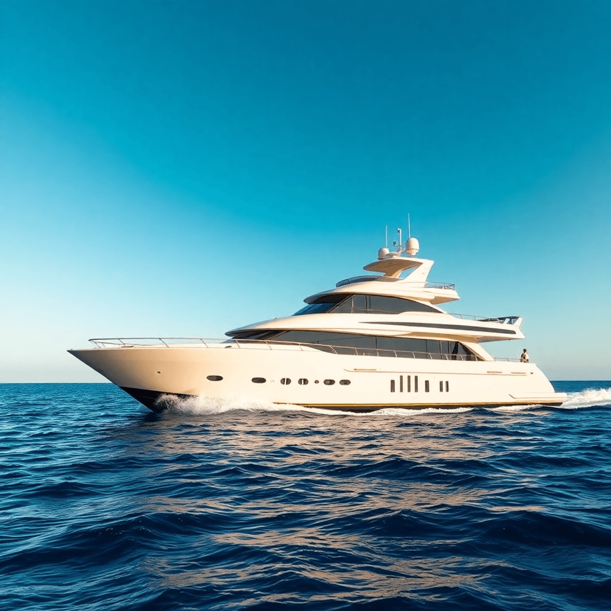 A luxurious yacht glides across the open sea under a clear blue sky, featuring advanced technology and eco-friendly designs, embodying adventure an...