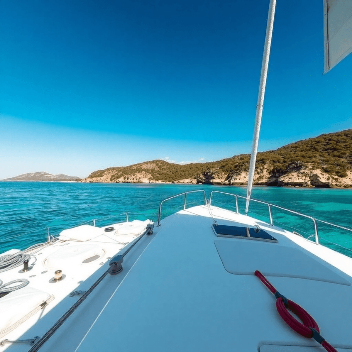 A luxurious yacht glides through crystal-clear blue waters, with a smooth deck and sailing gear, framed by a picturesque coastline and tropical gre...