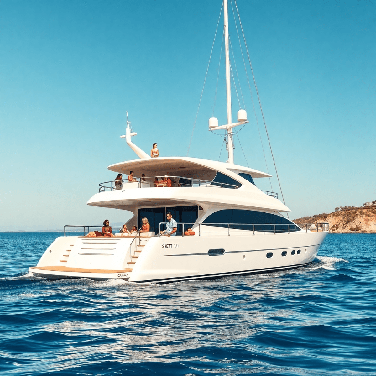 A modern yacht with child-friendly features sails on calm waters under clear skies, surrounded by a beautiful coastal landscape, evoking adventure ...