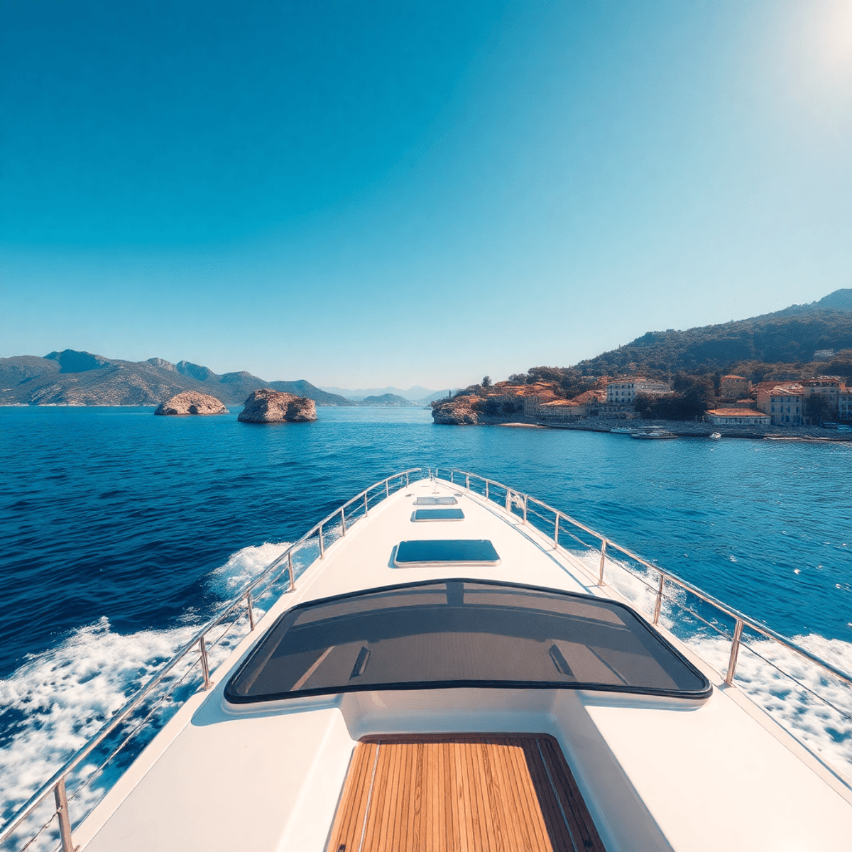 A motor yacht glides through the clear Adriatic Sea, with picturesque islands and a vibrant coastal town in the background under a bright blue sky.