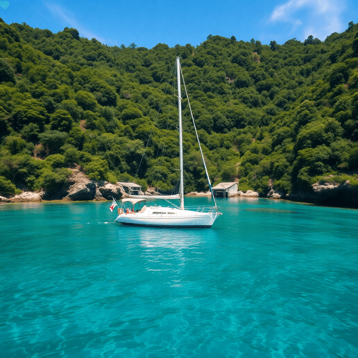 A sailboat anchored in a secluded bay, surrounded by lush greenery and clear waters, with gentle waves and a bright blue sky, evoking tranquility a...