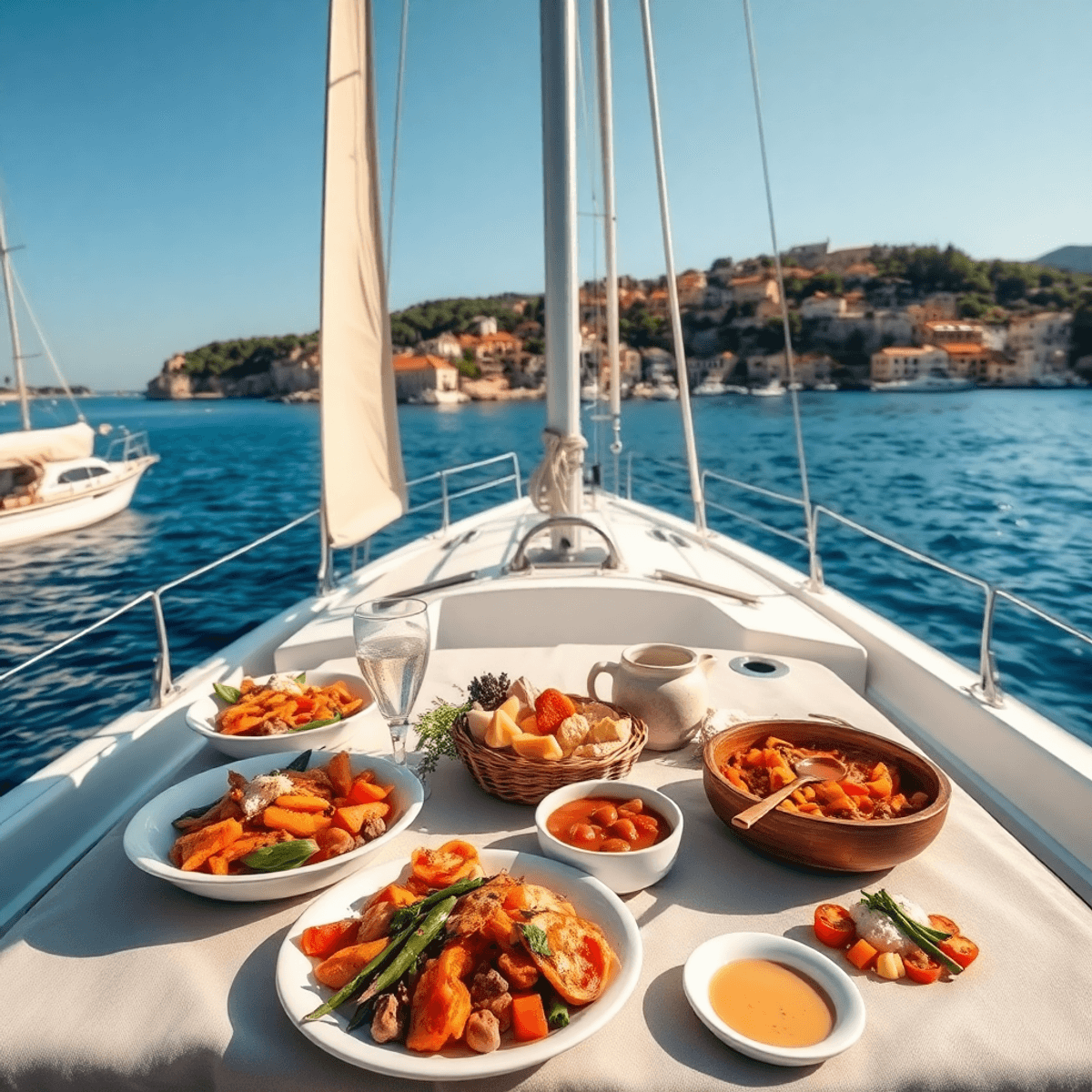 A sailboat glides over crystal-clear waters, with charming coastal towns in the background. A beautifully arranged table on board features vibrant ...