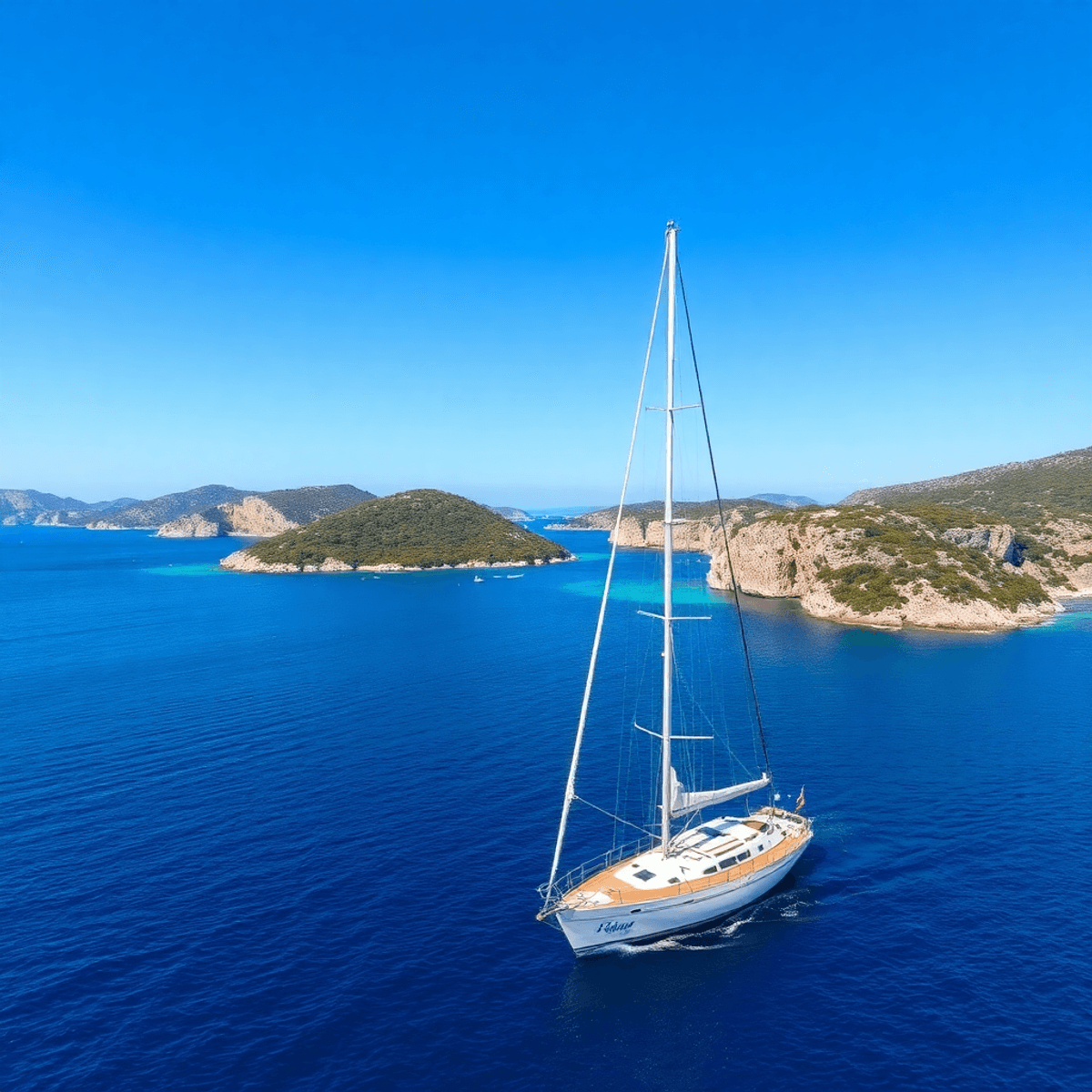 A sailboat glides through clear blue waters, surrounded by lush green islands and rocky cliffs under a bright sky, evoking adventure and tranquility.