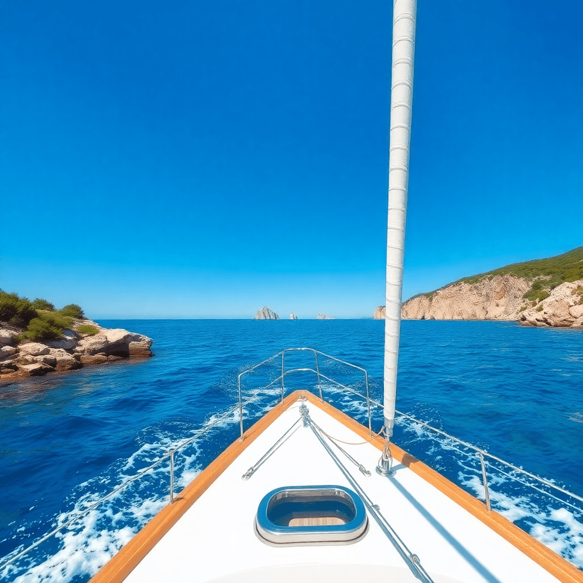 A sailboat glides through the clear azure waters of the Adriatic Sea, with rugged cliffs and lush greenery of the Dalmatian coastline in the backgr...