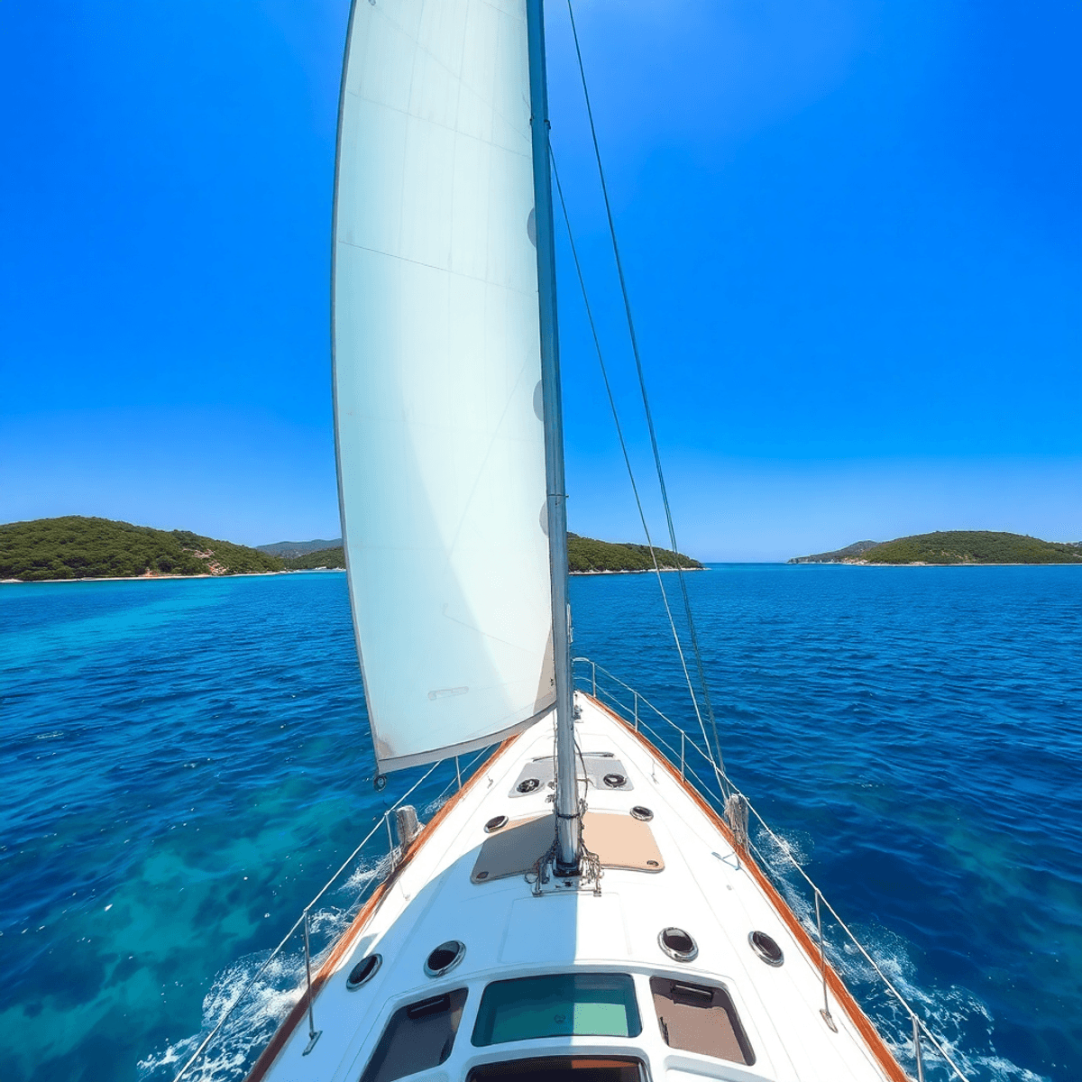 A sailing yacht navigates crystal-clear blue waters in Croatia, surrounded by lush green islands and a bright blue sky, evoking adventure and freedom.