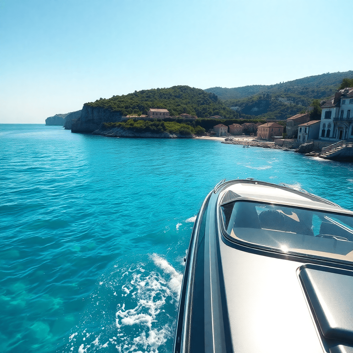 A scenic view of the Croatian coastline with turquoise waters, islands in the background, a cruising motorboat, and lush greenery along rocky cliff...