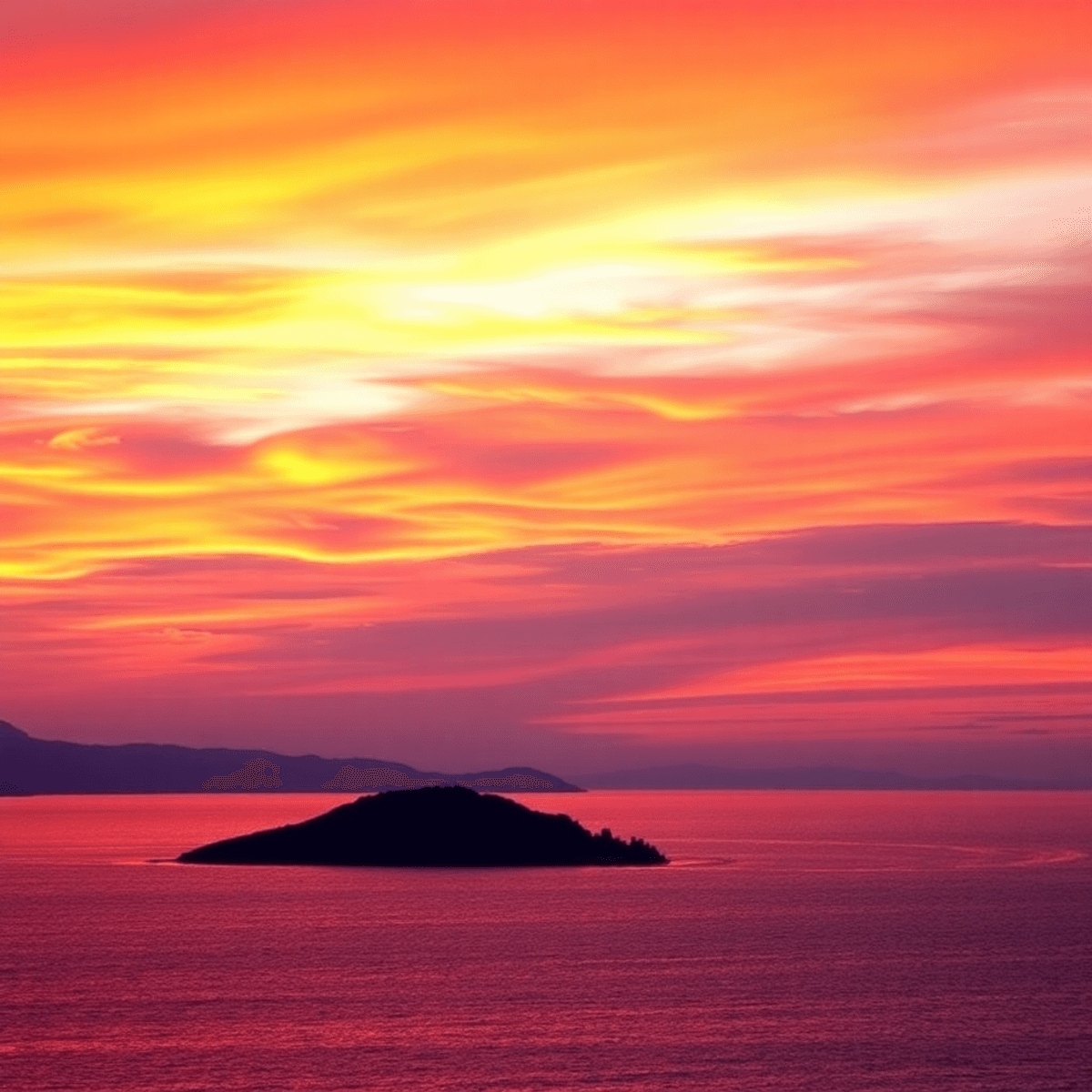 A stunning sunset over the Adriatic Sea, with vibrant orange, pink, and purple hues in the sky and the serene silhouette of the Kornati Islands in ...