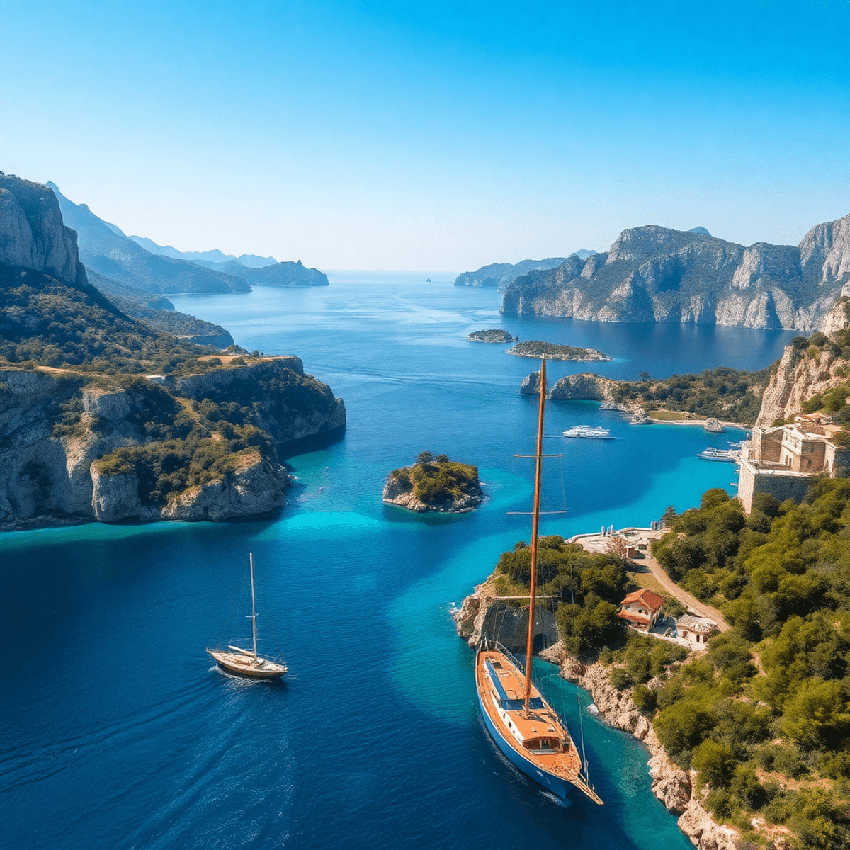 A stunning view of the Adriatic Coast with crystal-clear waters, dramatic cliffs, and a sailboat gliding peacefully along the vibrant coastline dot...