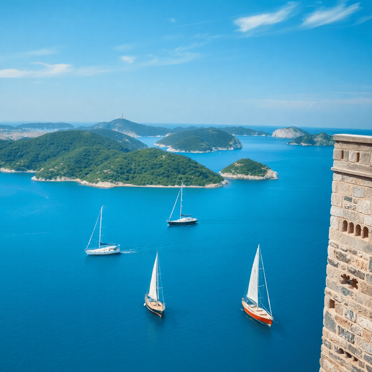 A stunning view of the Adriatic Sea with sailboats on vibrant blue waters, framed by Dubrovnik's medieval walls and lush green islands in the backg...