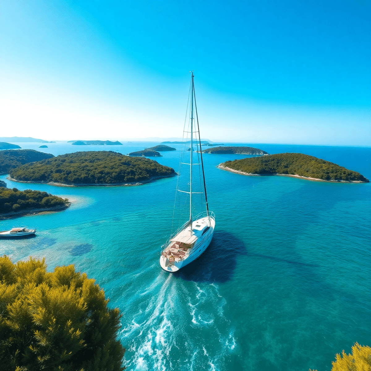 A vibrant Croatian coastline with crystal-clear waters and a sailing yacht gliding through the sea, surrounded by lush green islands under a bright...