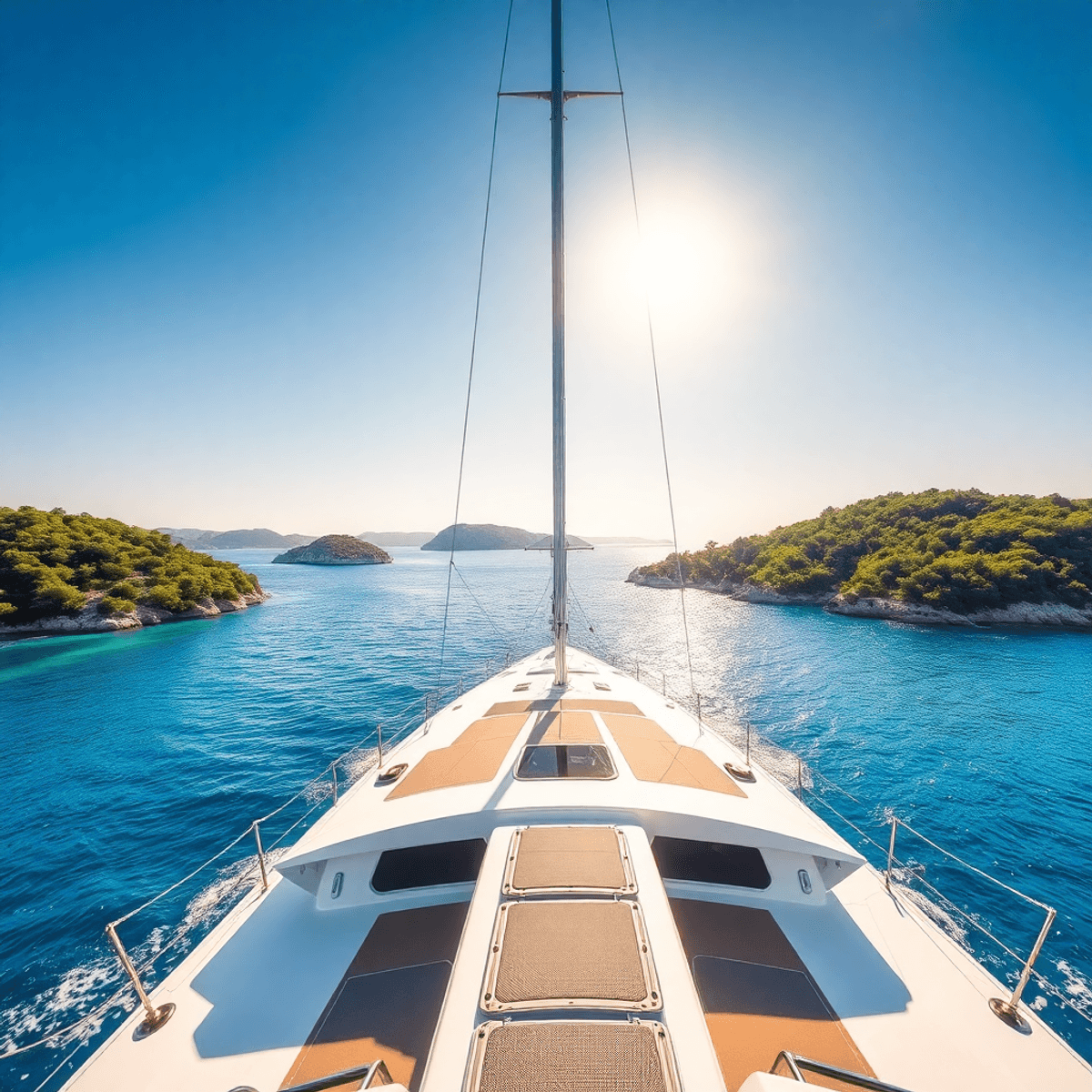 A vibrant catamaran glides over crystal-clear blue waters, surrounded by lush green islands under a bright sun and clear blue sky, creating an invi...