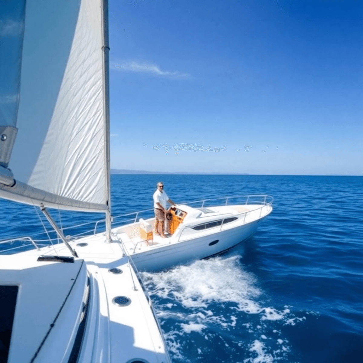 A yacht glides over calm blue waters under a clear sky, with a professional skipper at the helm, embodying relaxation and the spirit of nautical ex...