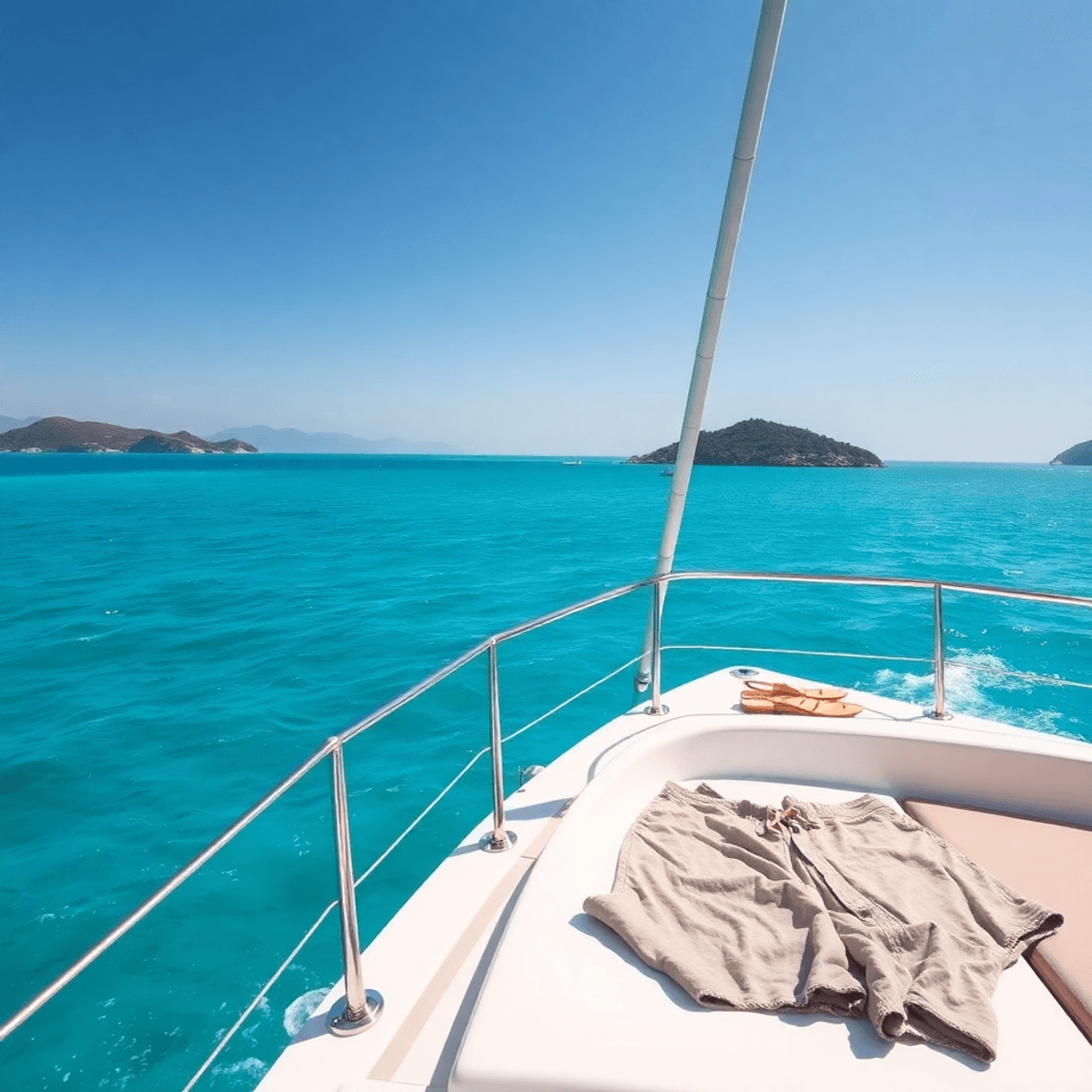 A yacht sails on turquoise Adriatic waters, surrounded by Croatian islands. Stylish swimsuits and casual clothing are neatly arranged on deck, evok...